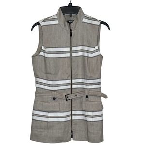Worth Women Top Zip Up Belted Waist Vest Striped Linen Blend Workwear Tan Size 2
